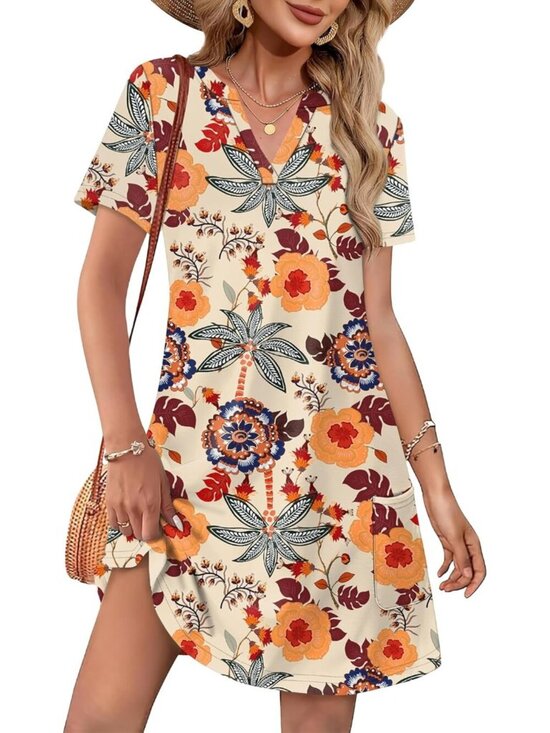 Dresses & Skirts - Women V Neck Multicolor Floral Midi Dress Hawaiian Wedding Guest Beach Vacation